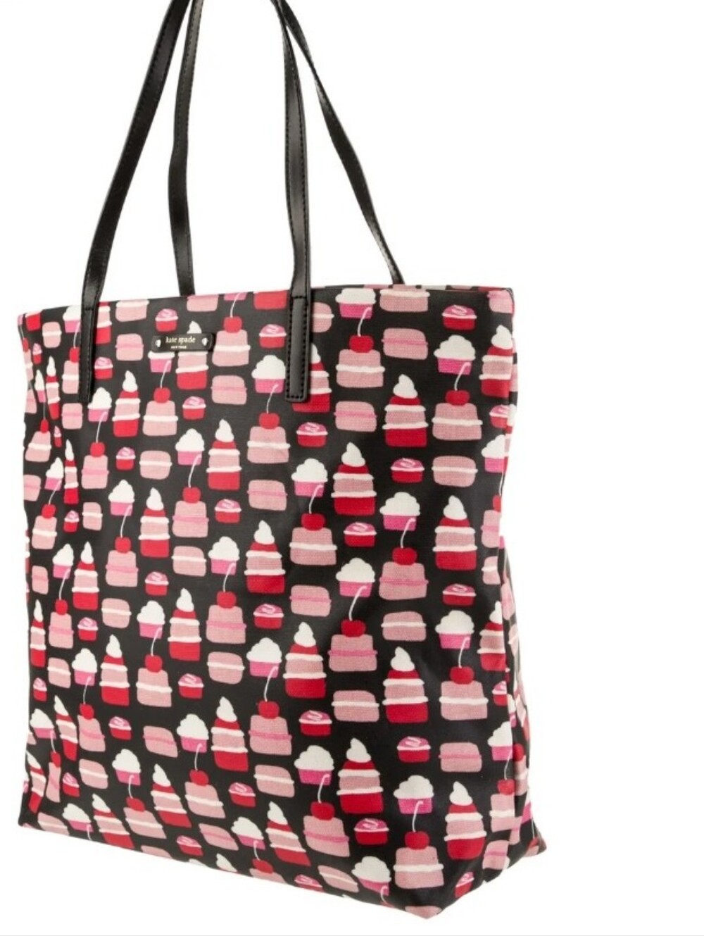Kate Spade Black Tote Bag with Pink & Red Dessert Print